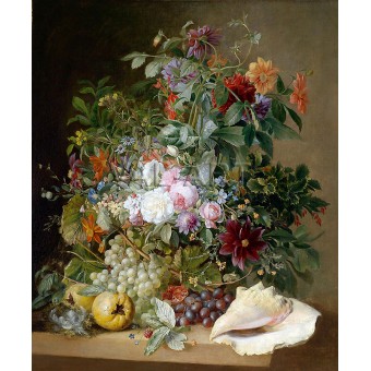 Голям декоративен натюрморт с цветя, нар и мида (1805) РЕПРОДУКЦИИ НА КАРТИНИ